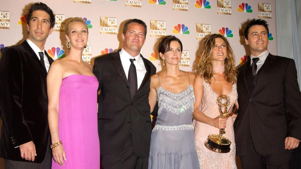 Friends stars DAVID SCHWIMMER (left), LISA KUDROW, MATTHEW PERRY, COURTNEY COX ARQUETTE, JENNIFER ANISTON & MATT LEBLANC at the 2002 Emmy Awards in Los Angeles.