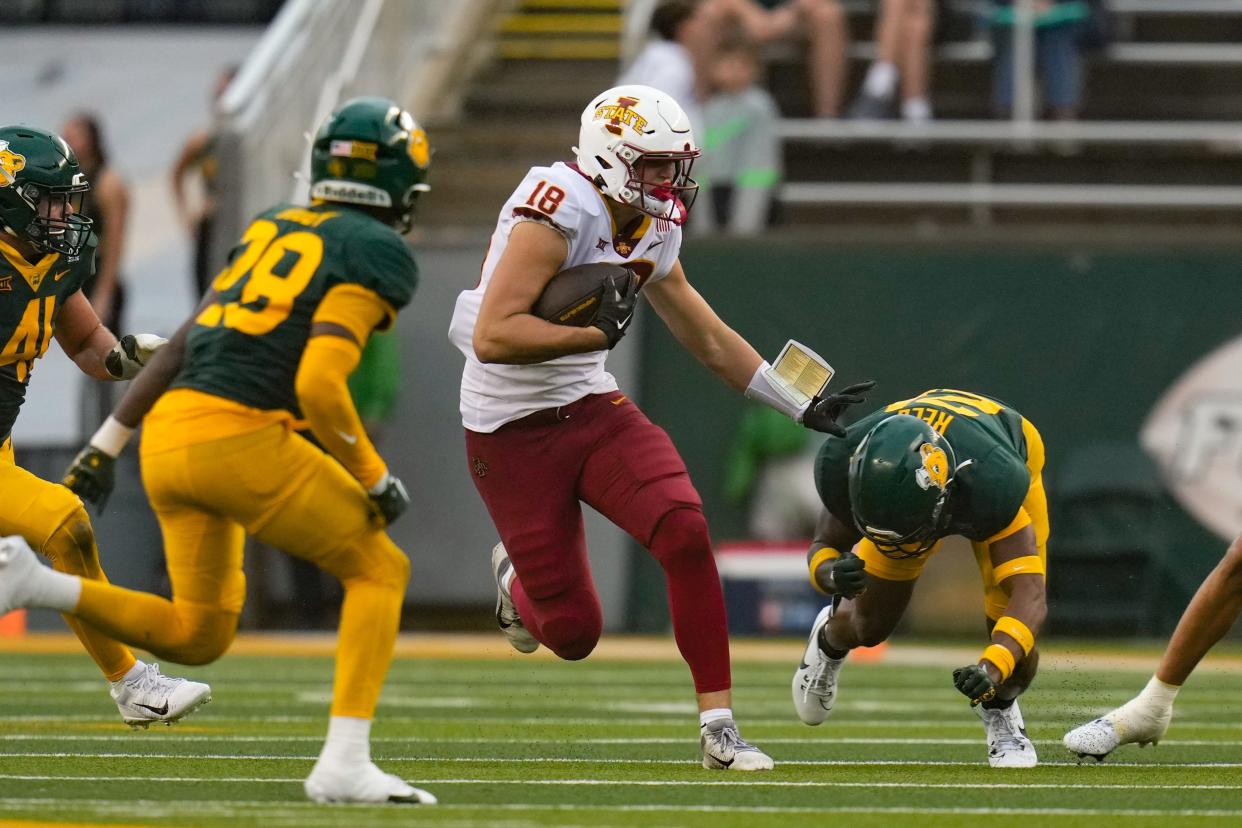 Iowa State tight end Ben Brahmer carries the ball against Baylor on Oct. 28, 2023, in Waco, Texas.