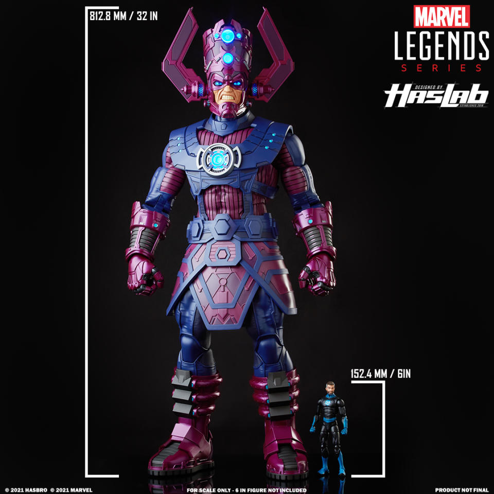 A large Galactus action figure standing next to a much smaller action figure.