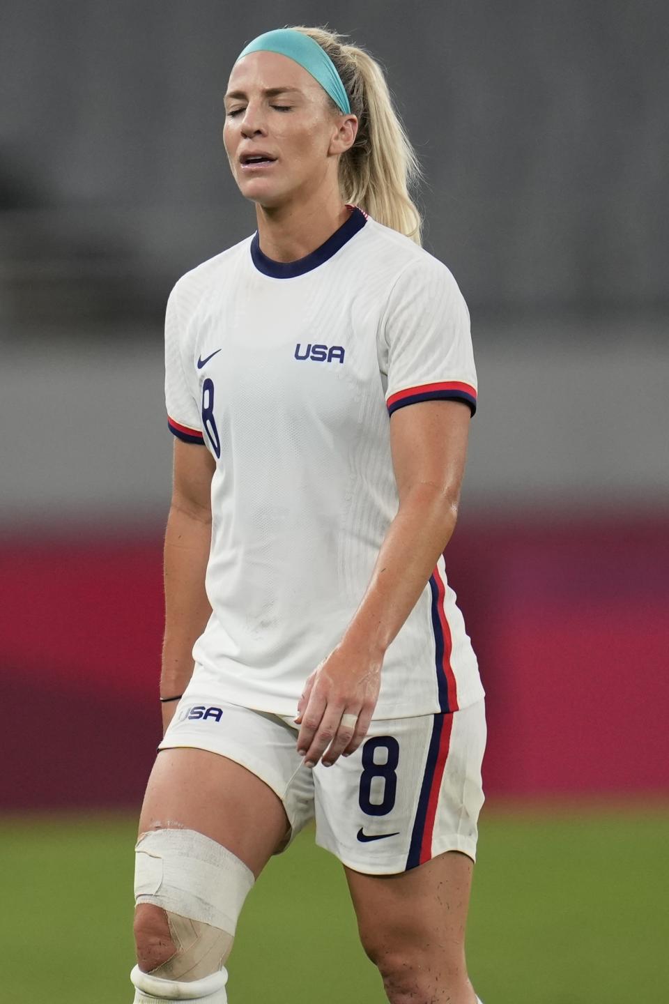 United States' Julie Ertz reacts after losing 0-3 against Sweden at the 2020 Summer Olympics, Wednesday, July 21, 2021, in Tokyo. Sweden won 3-0. (AP Photo/Ricardo Mazalan)