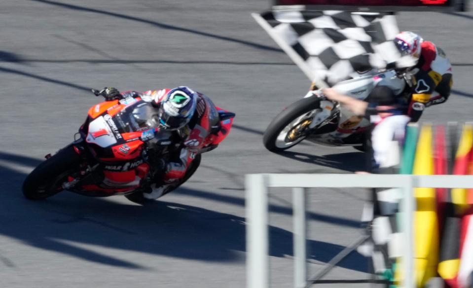 Josh Herrin races to the checkered flag to win the Daytona 200 at Daytona International Speedway, Saturday, March 11, 2023 