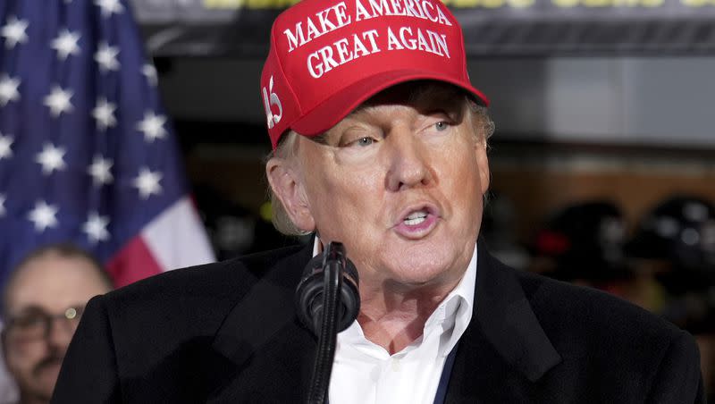 Former President Donald Trump speaks at the East Palestine Fire Department as he visits the area in the aftermath of the Norfolk Southern train derailment Feb. 3 in East Palestine, Ohio, Feb. 22, 2023. Trump’s lawyers in Georgia are criticizing the Fulton County investigation into potential illegal election meddling after the foreperson of the special grand jury seated to help the probe went public this week.