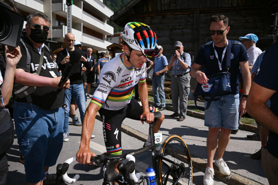 LEUKERBAD SWITZERLAND  JUNE 14 Remco Evenepoel of Belgium and Team Soudal QuickStep after cross the finish line during the 86th Tour de Suisse 2023 Stage 4 a 1525km stage from Monthey to Leukerbad 1367m  UCIWT  on June 14 2023 in Leukerbad Switzerland Photo by Dario BelingheriGetty Images