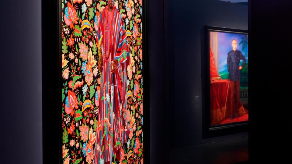 Left-right: "Portrait of Olusegun Obasanjo, Former President of Nigeria" (2023) and "Portrait of Paul Kagame, President of Rwanda" (2023) by Kehinde Wiley, on display in Paris. - Tanguy Beurdeley/© Courtesy Kehinde Wiley and Galerie Templon