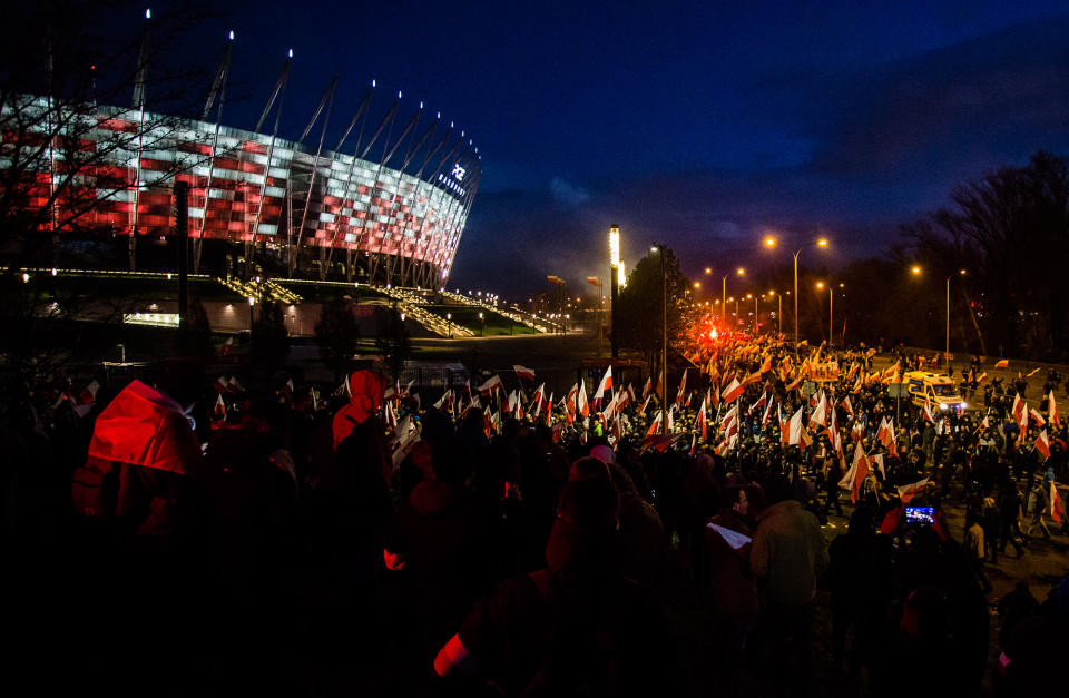 <p>Polish march to commemorate Poland’s National Independence Day in Warsaw Warsaw, Poland, Nov. 11, 2017. (Photo: Krystian Dobuszynski/NurPhoto via Getty Images) </p>