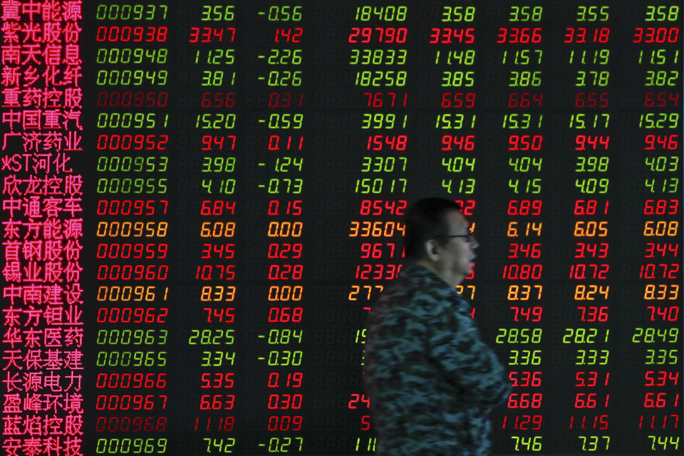 In this Thursday, Sept. 19, 2019, photo, a man walks by an electronic board displaying stock prices at a brokerage house in Beijing. Asian shares were mostly higher on Friday, Sept. 20, 2019 after a lackluster session on Wall Street, as investors shifted their focus to China-U.S. trade talks after a busy week of central bank news. (AP Photo/Andy Wong)