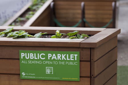 Strawberry plants grow near the sign for a public "parklet," that also features a small seating area, in Seattle, Washington June 2, 2015. REUTERS/David Ryder