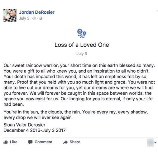 She posted a tribute to her son Sloan, which anti-vaxxers were quick to comment on. Photo: Facebook