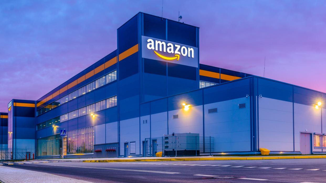 Szczecin, Poland-November 2018: Amazon Logistics Center in Szczecin, Poland in the light of the rising sun,panorama.