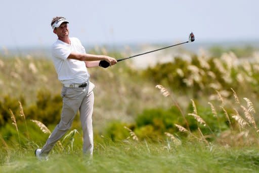 David Lynn of England hits off the sixth tee during the final round of the 94th PGA Championship at the Ocean Course, on August 12, in Kiawah Island, South Carolina. Lynn finished second after shooting a four-under 68 to finish at five-under 283