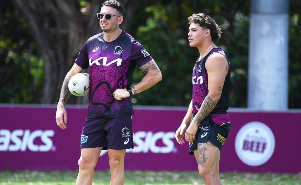 Reece Walsh and Darius Boyd during a Brisbane Broncos pre-season training session.