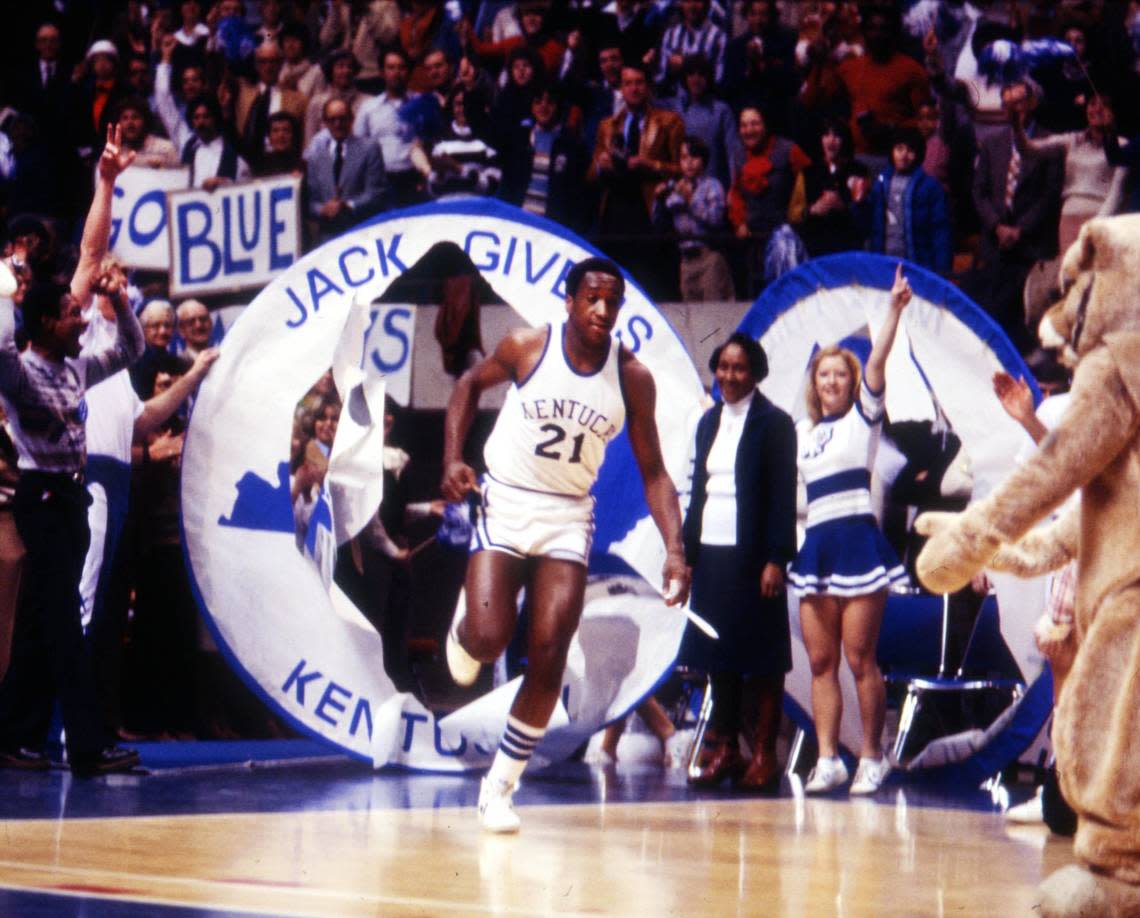 University of Kentucky star Jack Givens runs through the hoop during Senior Day activities at Rupp Arena on March 4, 1978. E Martin Jessee/Herald-Leader file photo