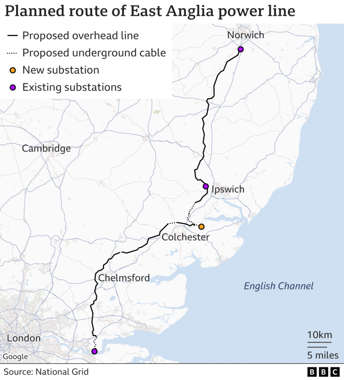 Mapa que muestra la ruta planificada de la línea eléctrica de East Anglia