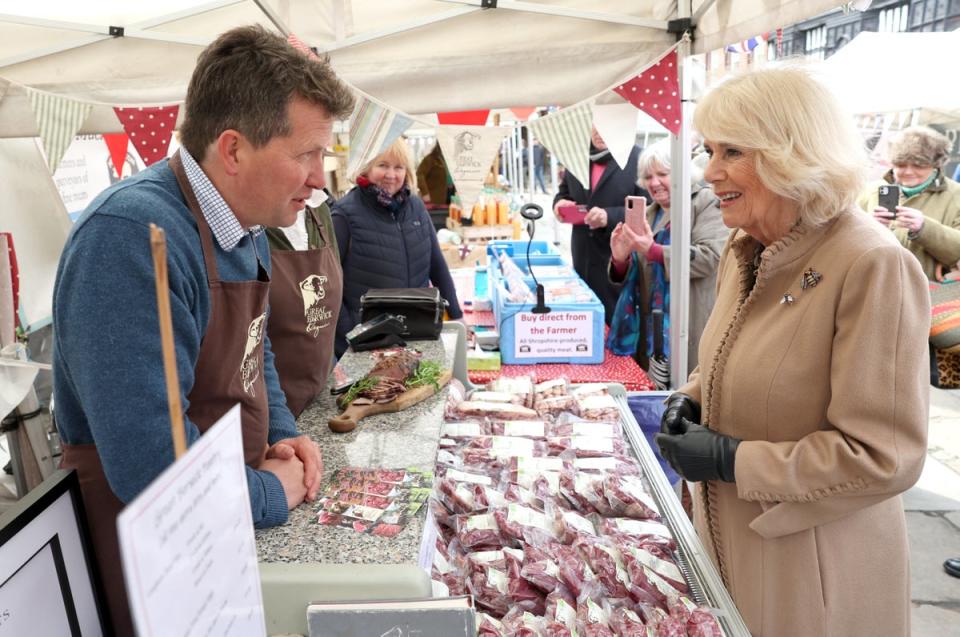 Camilla spent lunchtime touring the local farmer’s market in Shrewsbury (Getty Images)