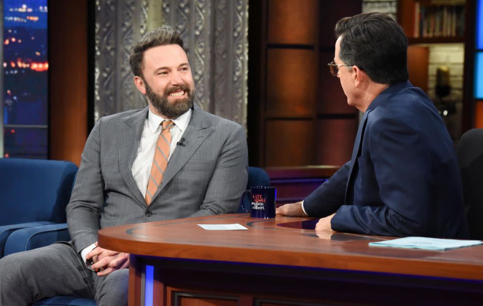 Ben Affleck visited The Late Show With Stephen Colbert to promote his new film Justice League. Source: Getty