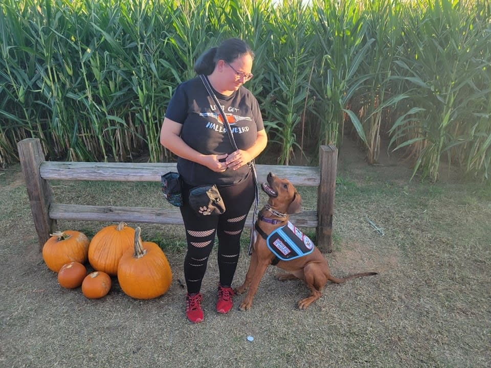 Dog in service dog vest sitting next to trainer who is looking down at dog smiling