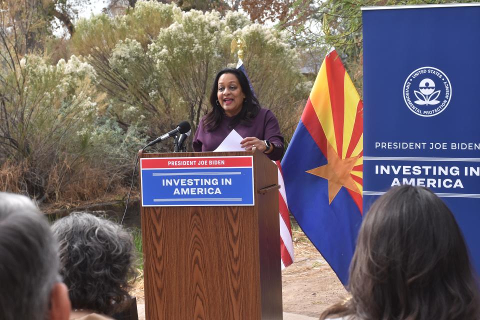 EPA Assistant Administrator Radhika Fox announced new funding for treating Tucson area water for the toxic chemicals known as PFAS at the Sweetwater Wetlands Park Nov. 16, 2023.