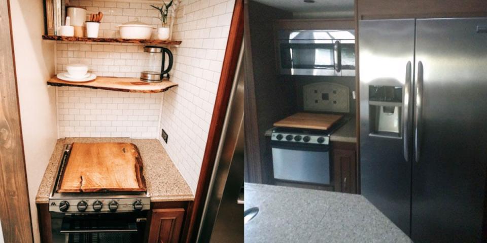 before and after photos in renovated RV, left: counter with cutting board and shelves, right: dark kitchen with fridge and counter