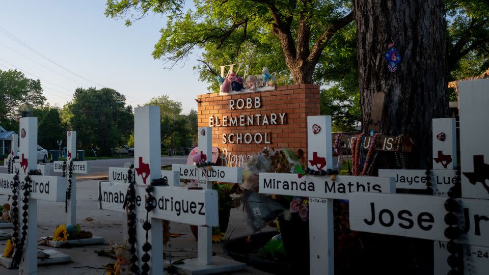A memorial dedicated to the 19 children and two adults murdered during the mass shooting at Robb Elementary School is seen on April 27, 2023, in Uvalde, Texas. - Brandon Bell/Getty Images