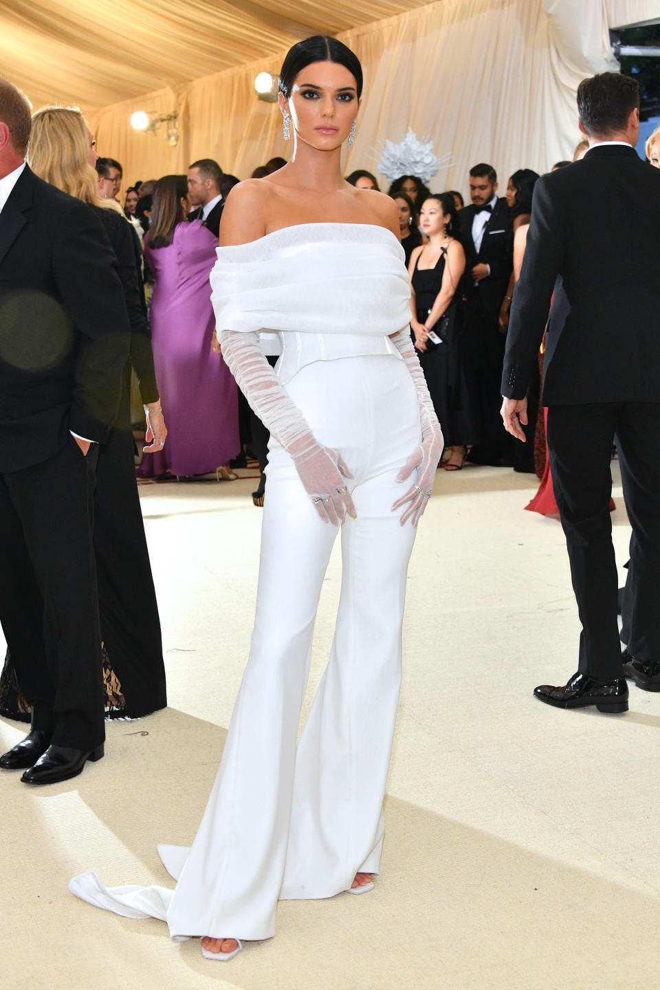 <p>Looking like a true supermodel, Kendall Jenner posed in this Off-White off-the-shoulder jumpsuit. Photo: Getty Images </p>