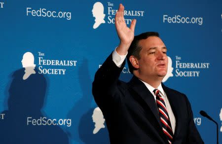 Senator Ted Cruz (R-TX) delivers remarks at the Federalist Society 2016 National Lawyers Convention in Washington, U.S., November 18, 2016. REUTERS/Gary Cameron