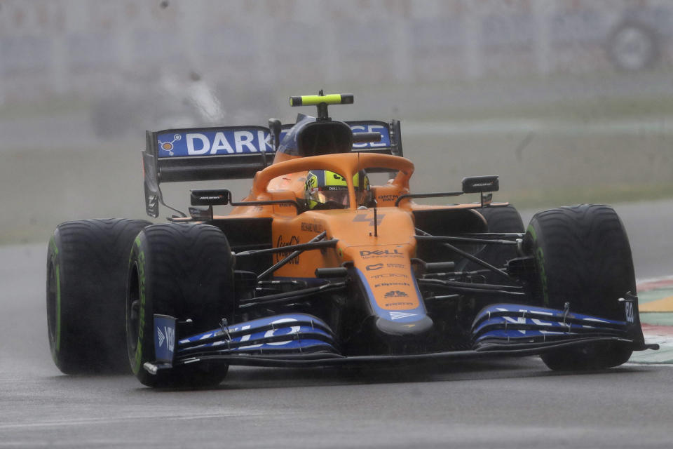 Mclaren driver Lando Norris of Britain steers his car during the Emilia Romagna Formula One Grand Prix, at the Imola racetrack, Italy, Sunday, April 18, 2021. (AP Photo/Luca Bruno)