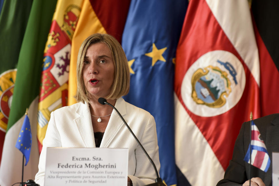 European Union foreign policy chief Federica Mogherini speaks during a press conference in San Jose, Costa Rica, Tuesday, May 7, 2019. Mogherini made the announcement that a mostly European group of nations will send a high-level delegation to Venezuela to propose solutions to that country's protracted crisis. (AP Photo/Carlos Gonzalez )