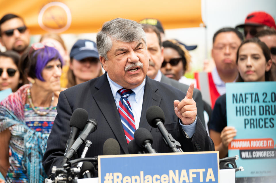 WASHINGTON, D C , UNITED STATES - 2019/06/25: AFL-CIO President Dick Trumka (aka  Richard Trumka) speaking at a rally against the proposed United StatesMexicoCanada Agreement (USMCA), the proposed successor to NAFTA, at the Capitol. (Photo by Michael Brochstein/SOPA Images/LightRocket via Getty Images)