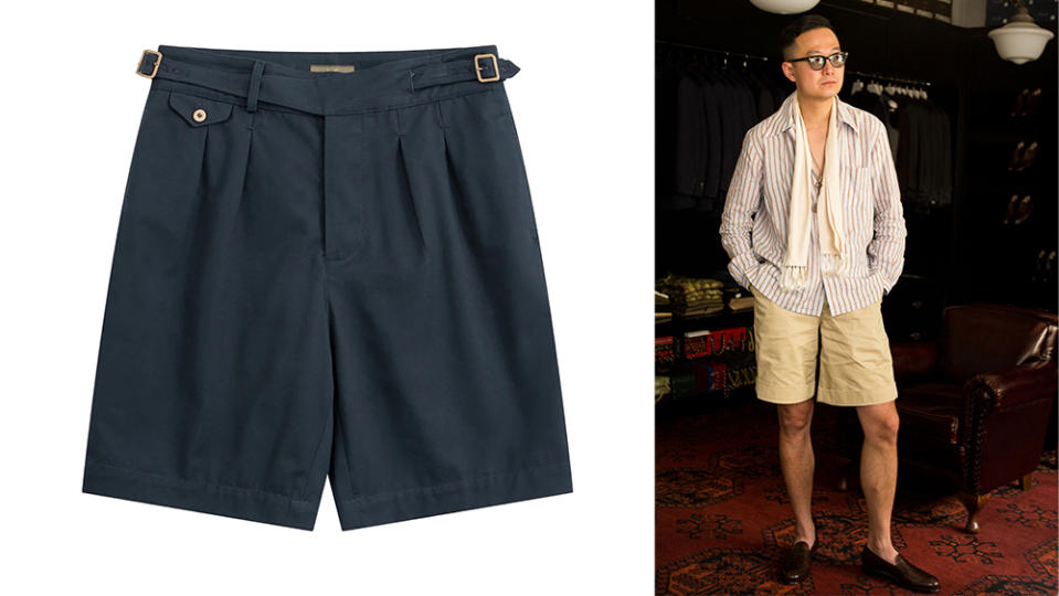 Craftsmen Co Ghurka short; Bryceland’s Ghurka shorts styled with a resort shirt and loafers. - Credit: Craftsmen Co; Bryceland's