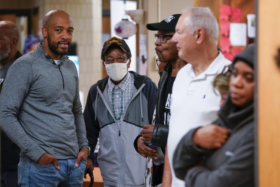 FILE - Wisconsin Democratic U.S. Senate candidate Mandela Barnes waits in line to cast his ballot on the first day of early voting Tuesday, Oct. 25, 2022, in Milwaukee. (AP Photo/Morry Gash)