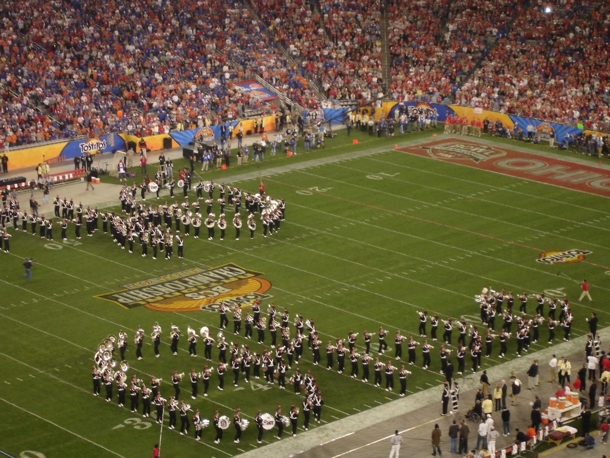 The band’s signature formation, Script Ohio configures a series of formations, starting with the entire band forming a giant “O” and slowly transitioning to positions that spell out the word, “Ohio.”