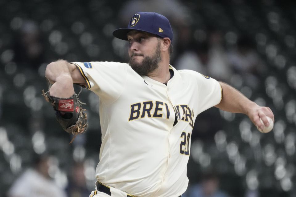 Milwaukee Brewers pitcher Wade Miley throws during the first inning of a baseball game against the San Diego Padres Tuesday, April 16, 2024, in Milwaukee. (AP Photo/Morry Gash)