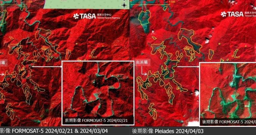 大濁水溪上游南溪壩附近有明顯坍方。（圖／翻攝自TASA）