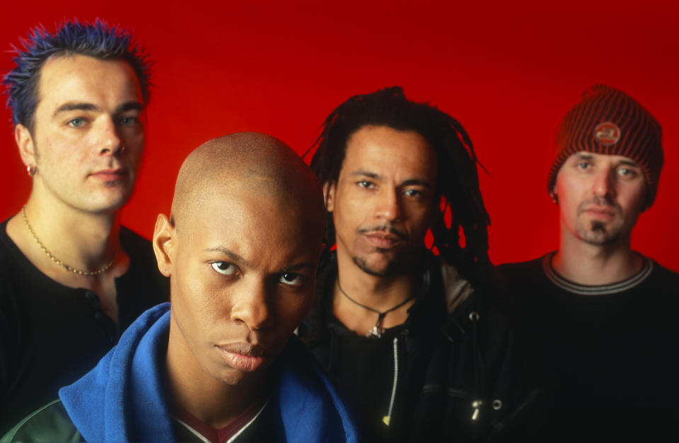 Studio portrait of Skunk Anansie, Skin; Martin "Ace" Kent, Richard "Cass" Lewis, Mark Richardson, Vaartkapoen (VK), Brussels, Belgium, 8 February 1996. (Photo by Gie Knaeps/Getty Images)