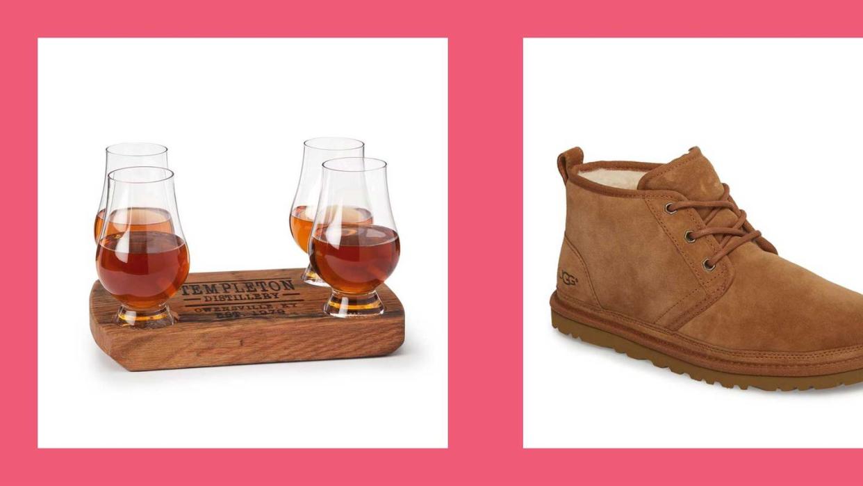 gifts for husband personalized bourbon barrel flight with glasses and ugg chukka boot