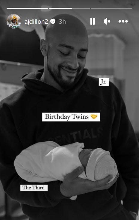 AJ Dillon posted in an Instagram story on Wednesday night a photo of him with his newborn son, Algiers "Trey" Dillon III. Trey was born the same day AJ turned 25.