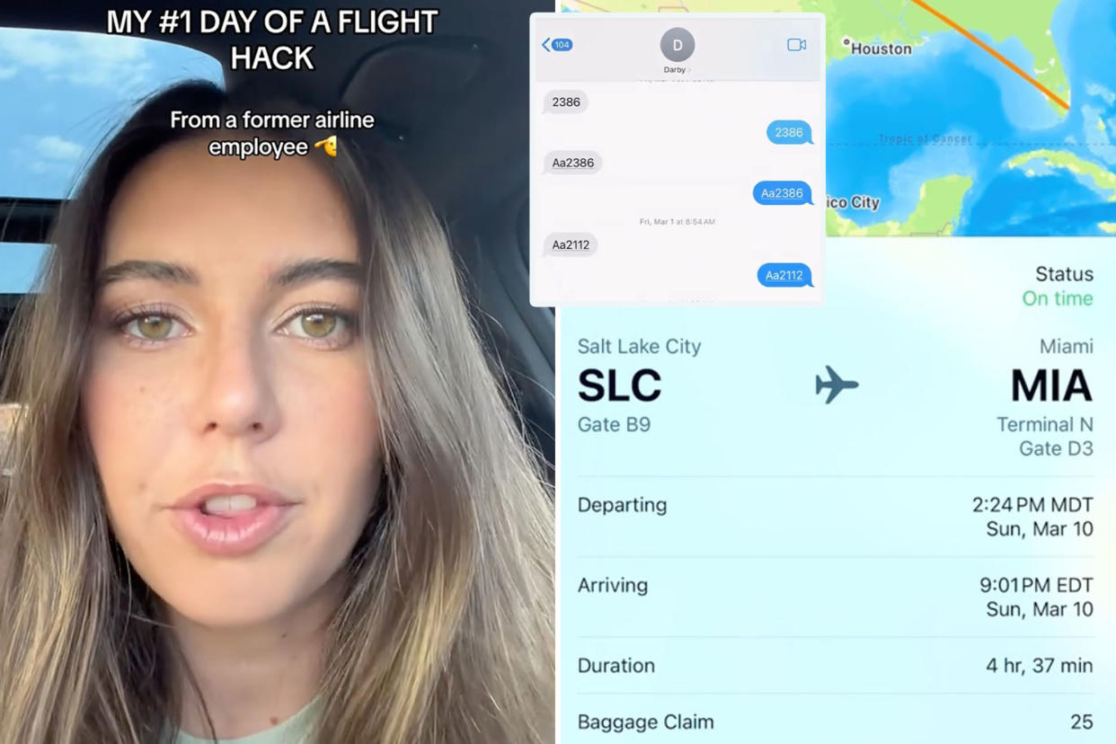 (Left) TikTok content creator Darby Maloney, 28. (Top right) A screenshot of Maloney's texts to herself. (Bottom right) A screenshot of Maloney's flight plan.
