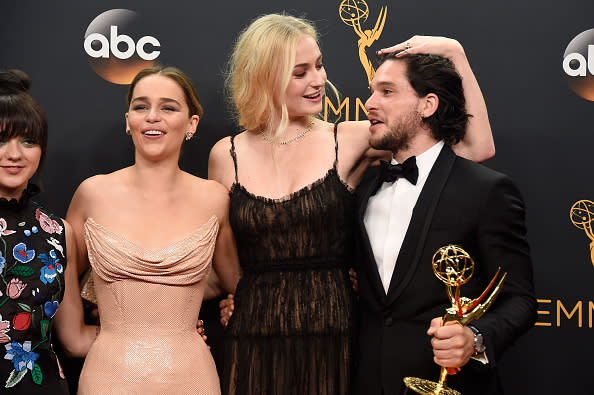 Actors Maisie Williams, Emilia Clarke, Sophie Turner and Kit Harington, winners of Best Drama Series for 'Game of Thrones,' pose in the press room during the 68th Annual Primetime Emmy Awards at Microsoft Theater on September 18, 2016 in Los Angeles, California.