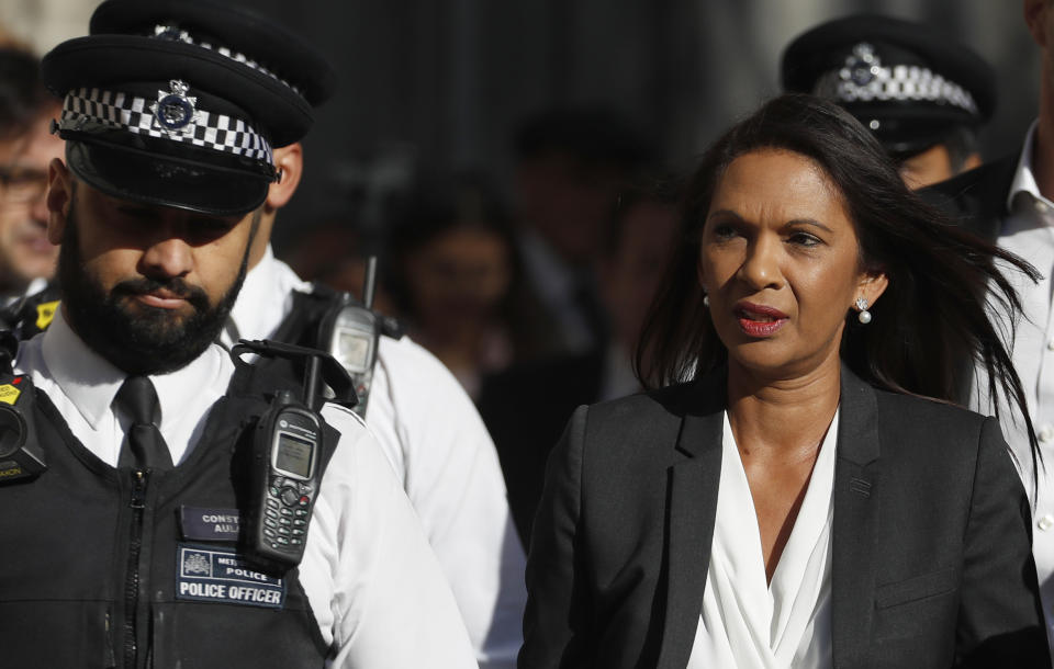 Anti-Brexit campaigner Gina Miller arrives at The Supreme Court in London, Thursday, Sept. 19, 2019. The Supreme Court is set to decide whether Prime Minister Boris Johnson broke the law when he suspended Parliament on Sept. 9, sending lawmakers home until Oct. 14 — just over two weeks before the U.K. is due to leave the European Union. (AP Photo/Alastair Grant)