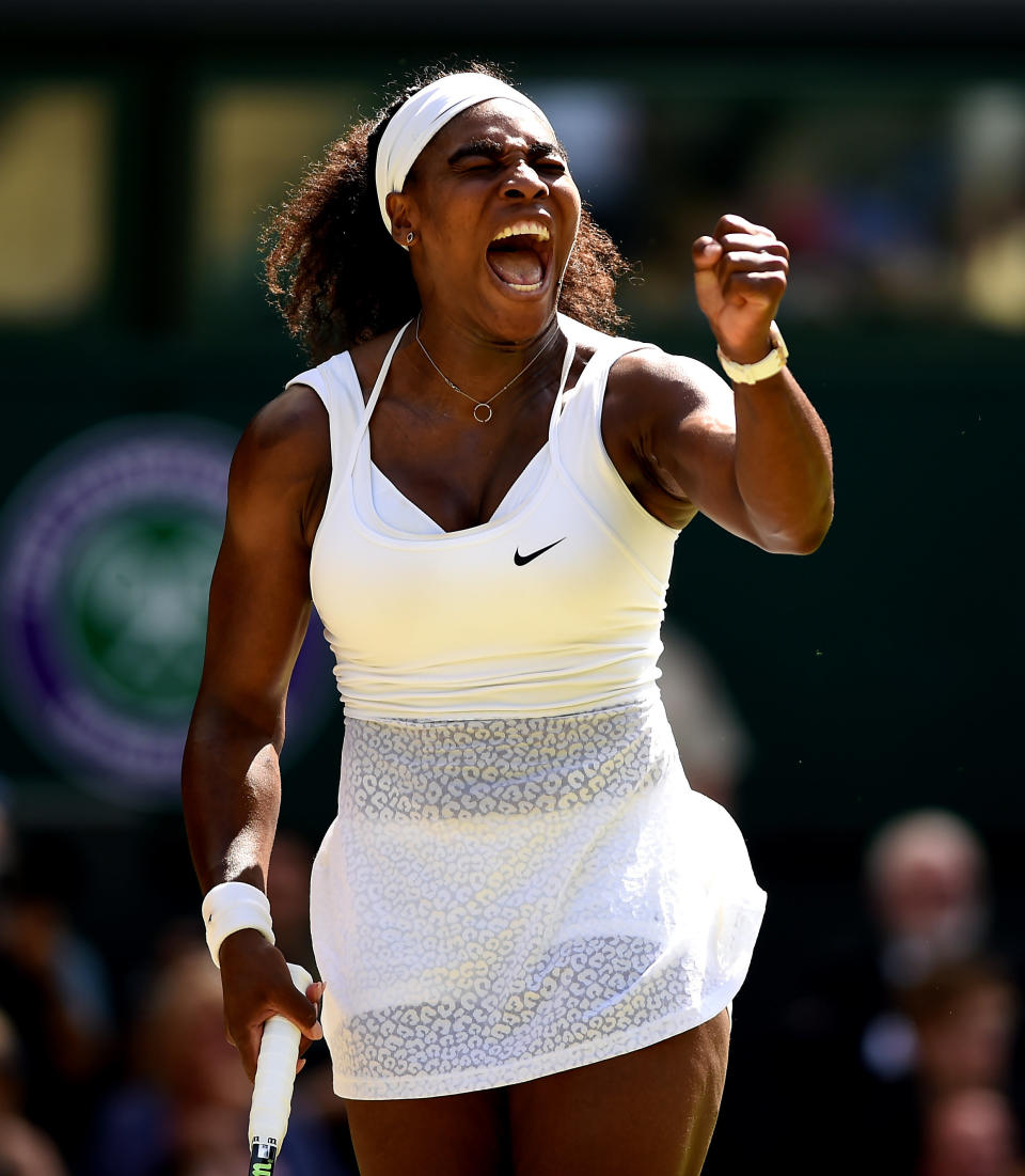 Serena Williams reacts during her match against Garbine Muguruza in the ladies singles final on day Twelve of the Wimbledon Championships at the All England Lawn Tennis and Croquet Club, Wimbledon.