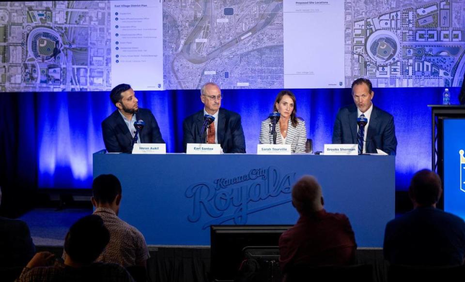 Brooks Sherman, Royals president of business operations, speaks during a press conference detailing two locations the Royals are considering for the club’s new stadium on Tuesday, Aug. 22, 2023, in Kansas City.