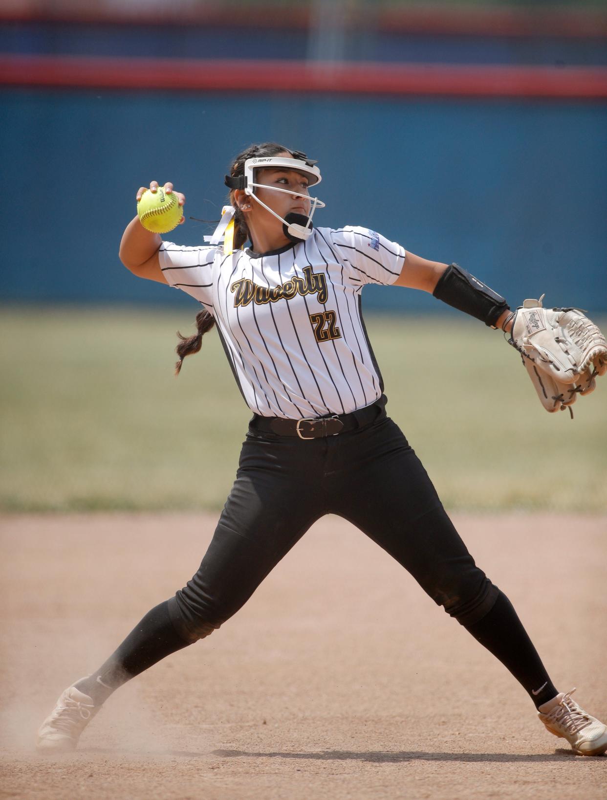 Waverly's Daniela Anzaldua throws a fielded ball against Parma Western, Saturday, June 10, 2023, at Mason High School.