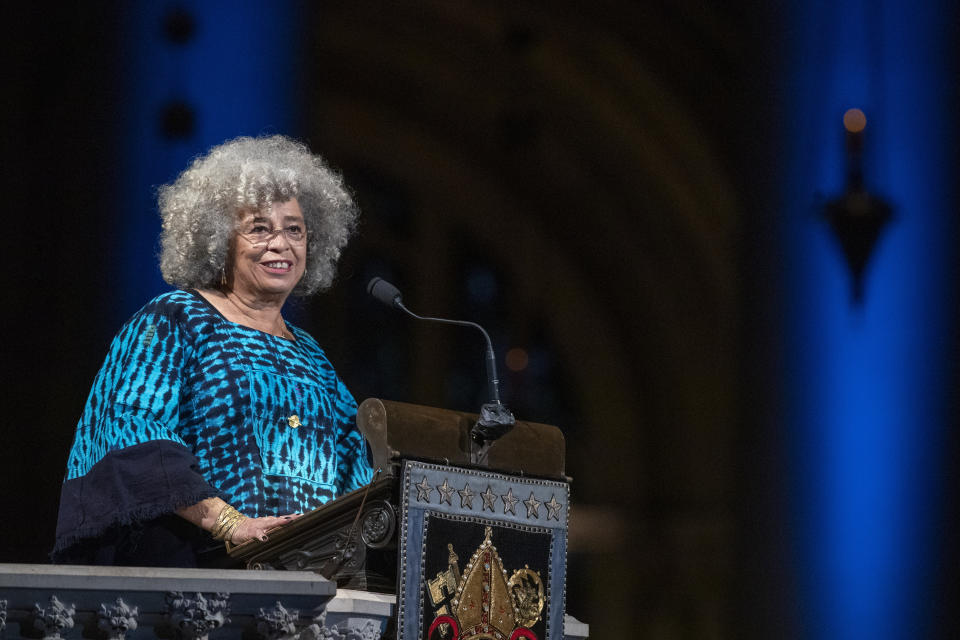 Author Angela Davis speaks during the Celebration of the Life of Toni Morrison, Thursday, Nov. 21, 2019, at the Cathedral of St. John the Divine in New York. Morrison, a Nobel laureate, died in August at 88. (AP Photo/Mary Altaffer)