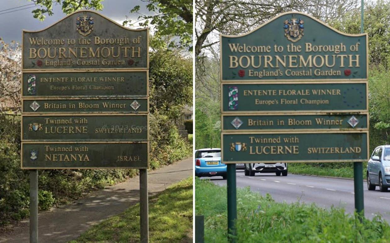 The sign on Magna Road before and after the Netanya plaque was removed