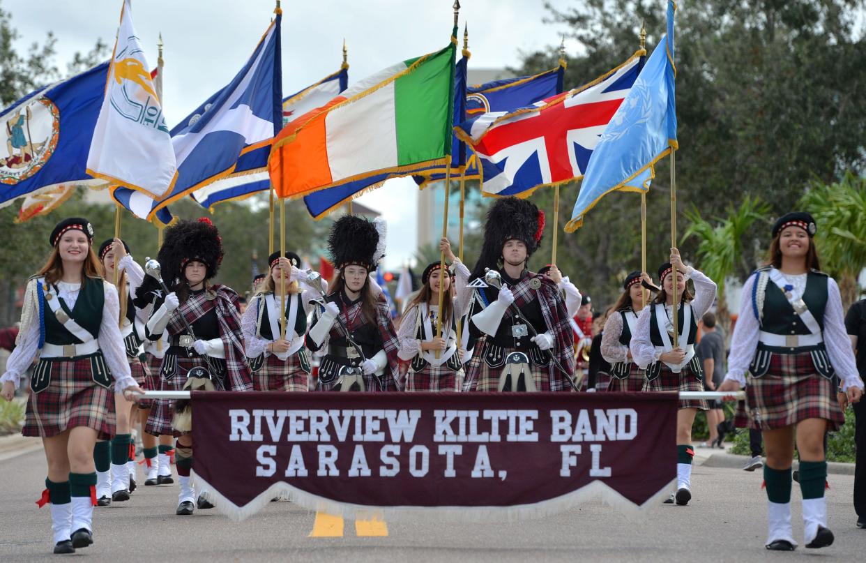 The Riverview Kilt Band marches in the annual Veterans Day Parade on Main St. in downtown Sarasota on Friday, Nov. 11, 2022.