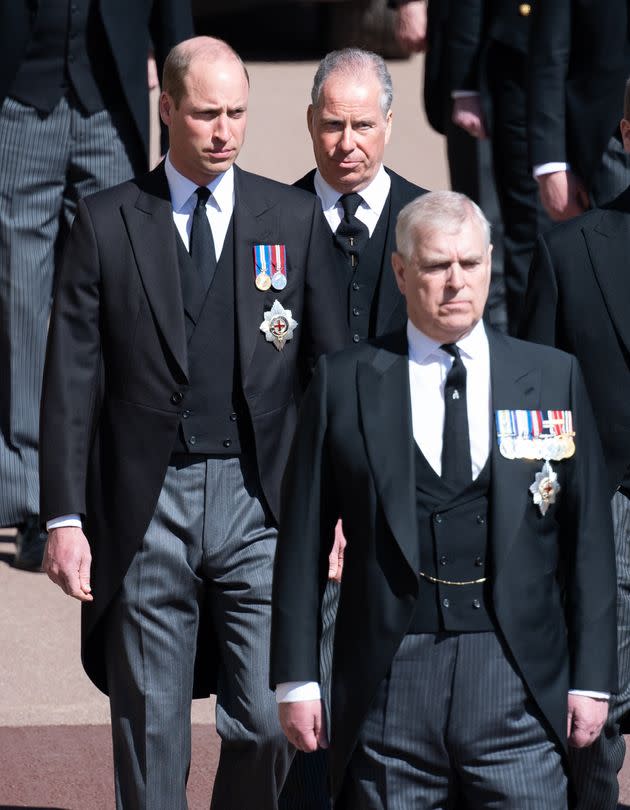 Prince Andrew (right), Prince William (left) and Earl of Snowdon David Armstrong-Jones (center) during the funeral of Prince Philip on April 17, 2021 in Windsor. (Photo: Pool/Samir Hussein via Getty Images)