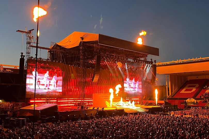 Take That, surrounded by fire at Ashton Gate