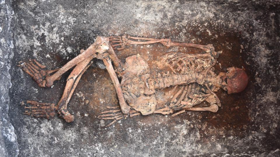 The remains of a horse rider found in Malomirovo, Bulgaria. He had a Yamnaya-style burial, and radiocarbon dating puts him in the 30th century B.C.