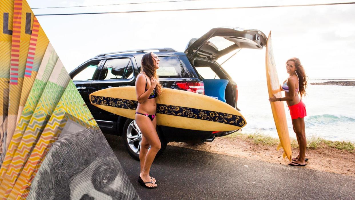 Pictured: Australian cash, women wearing thongs and bikinis near car. Images: Getty