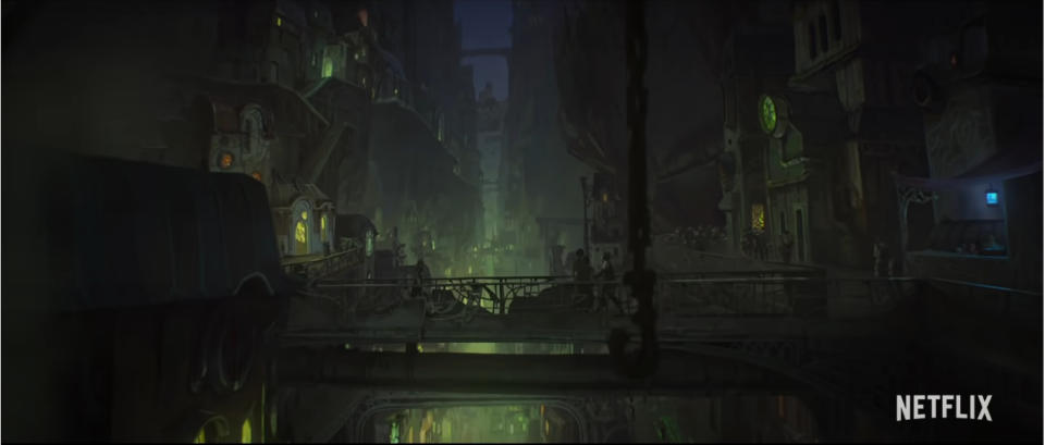 In stark contrast to Piltover, Zaun is a dark and squalid place where oppression runs rampant. (Screenshot courtesy of Riot Games/Netflix)